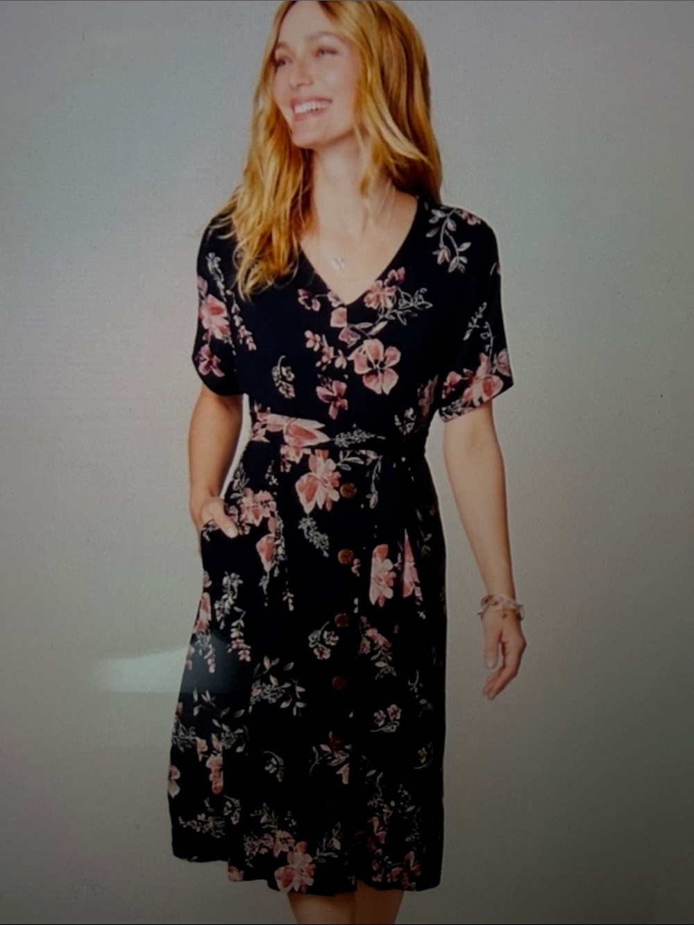 J. Jill Navy Wrap Midi Dress with Pink Floral Print